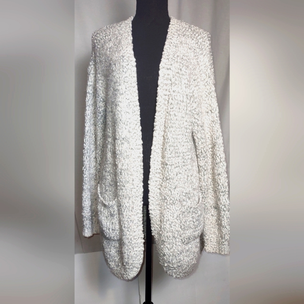 Peach Love Open Cardigan Popcorn Style Knit Gray and Cream very soft